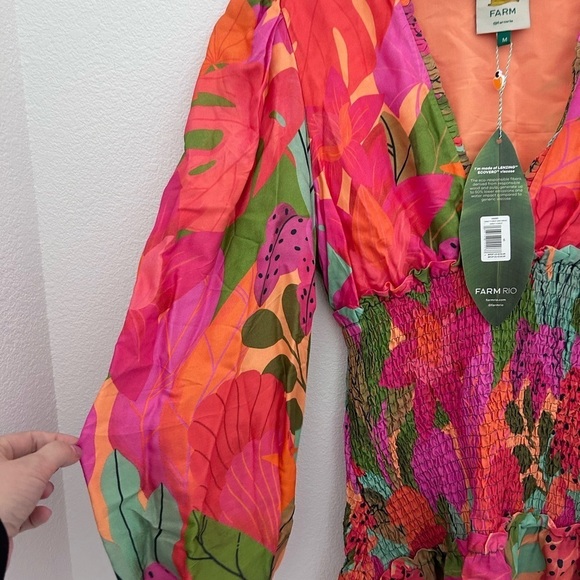 Farm Rio Sweet Forest Long Sleeve Mini Dress Orange Pink Size M NEW - Picture 6 of 12